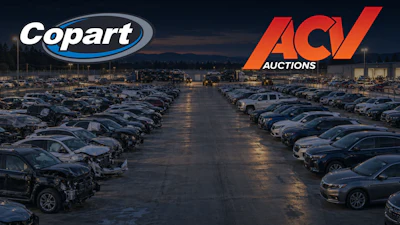 Copart and ACV Auctions logos displayed over a sprawling vehicle auction lot at dusk with rows of parked cars