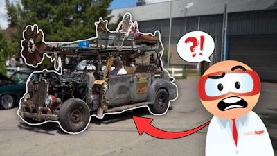 Rusty modified vehicle with cartoon character mascot expressing shock in industrial setting
