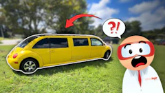 Yellow stretch limousine on grass with confused cartoon character in red mask asking a question