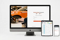 BodyshopConnect login interface displayed on desktop, tablet, and mobile devices showing responsive design