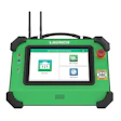 LAUNCH green automotive diagnostic scanner with touchscreen displaying menu options including Balanced, Data Analysis, and Data Export functions
