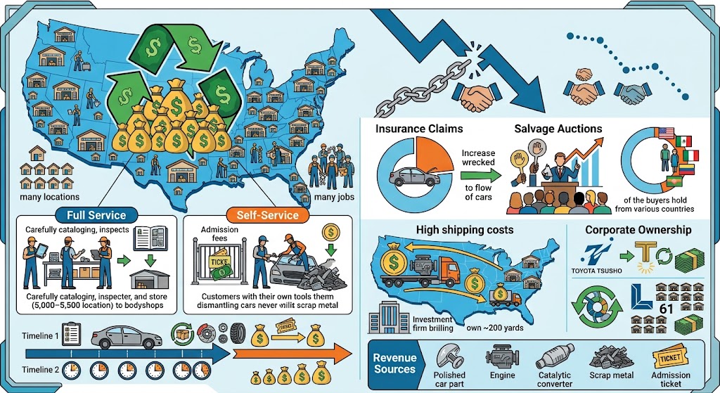 Infographic explaining used car auction business model with US map, revenue sources, insurance claims, and operational processes