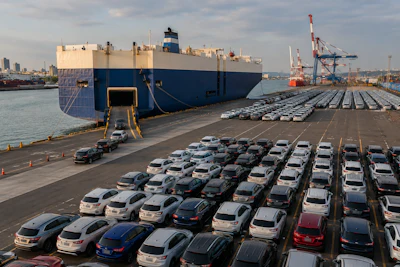 Large cargo ship docked at port terminal with rows of vehicles prepared for export loading.