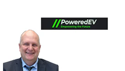 PoweredEV logo with green slashes and tagline 'Empowering the Future' on dark background