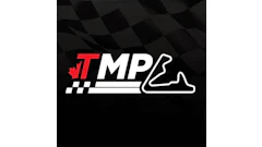 TMP motorsport logo with red maple leaf, white text, and race track outline on checkered background