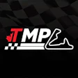 TMP motorsport logo with red maple leaf, white text, and race track outline on checkered background