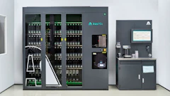 Irus Mix laboratory analyzer system with three glass-door cabinets containing modular components and a control station with monitor
