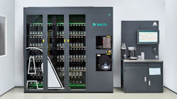 Irus Mix laboratory analyzer system with three glass-door cabinets containing modular components and a control station with monitor