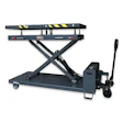 Industrial hydraulic scissor lift table with black frame, yellow safety stripes, and manual hand pump control