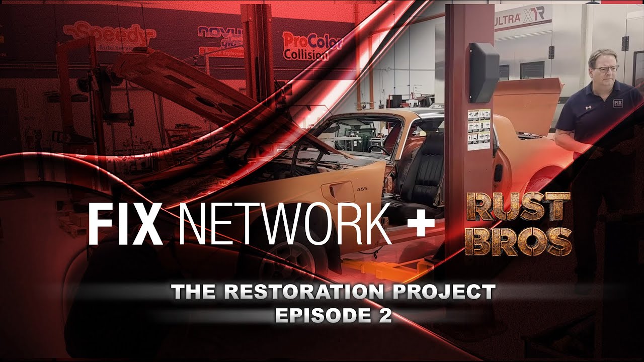 Fix Network and Rust Bros collaboration title card for The Restoration Project Episode 2 at a collision repair shop