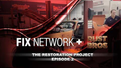 Fix Network and Rust Bros collaboration title card for The Restoration Project Episode 2 at a collision repair shop