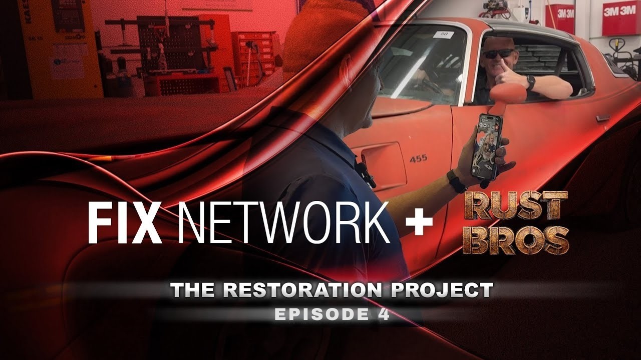 Fix Network and Rust Bros restoration project episode 4 featuring a red vintage car being restored in a workshop