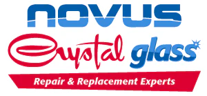 Novus Crystal Glass logo with red repair and replacement experts tagline