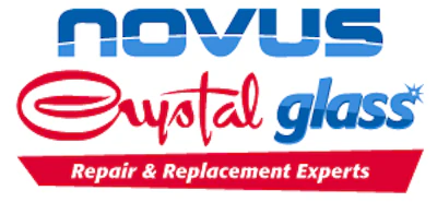 Novus Crystal Glass logo with red repair and replacement experts tagline