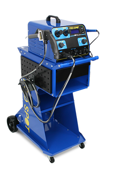 Blue portable welding machine mounted on mobile cart with control panel and equipment storage