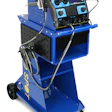 Blue portable welding machine mounted on mobile cart with control panel and equipment storage