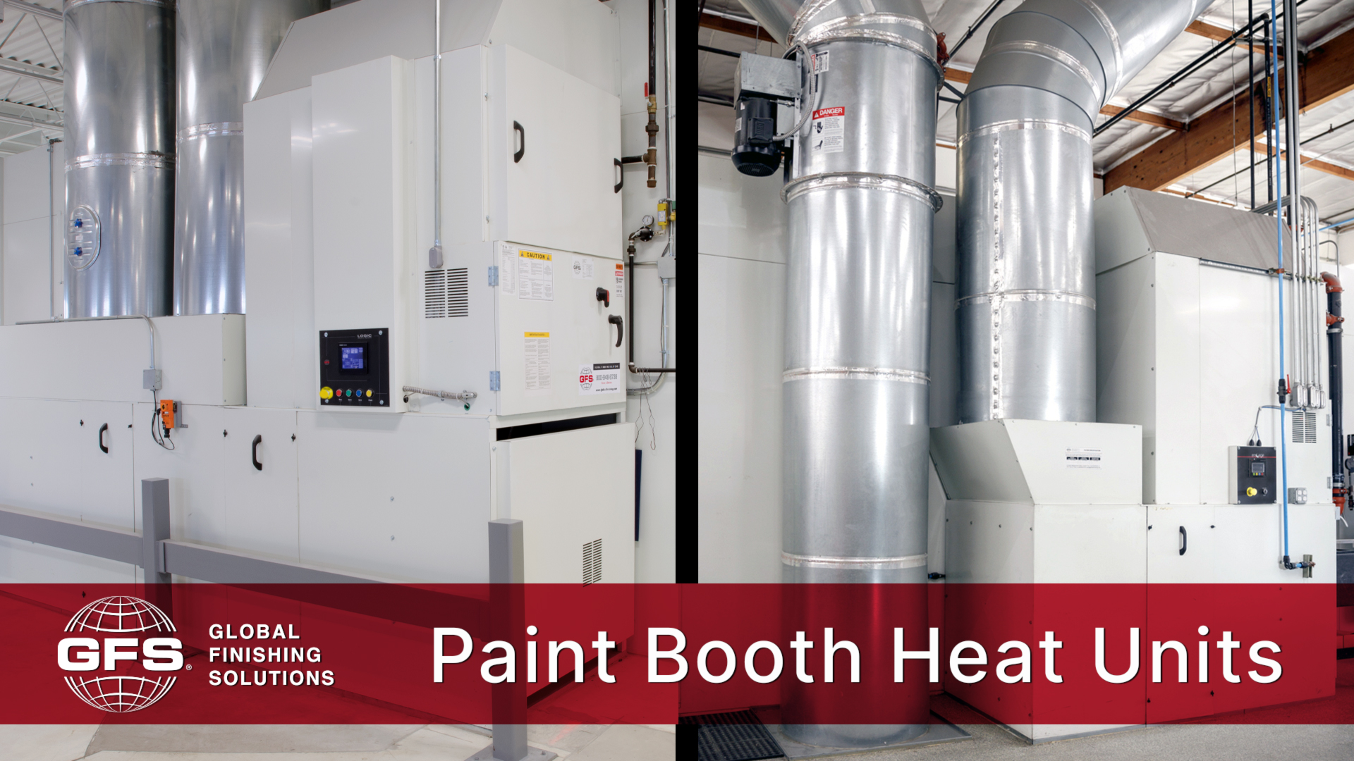 GFS Global Finishing Solutions paint booth heat units industrial equipment with white control panel and large silver ductwork