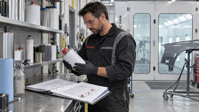 Technician reviewing documentation at industrial workstation with equipment and shelving