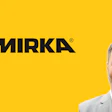 Mirka logo with professional man in business attire on yellow background
