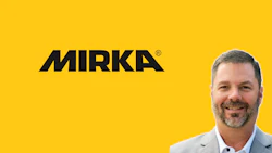Mirka logo with professional man in business attire on yellow background
