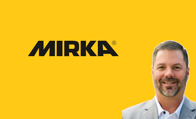 Mirka logo with professional man in business attire on yellow background