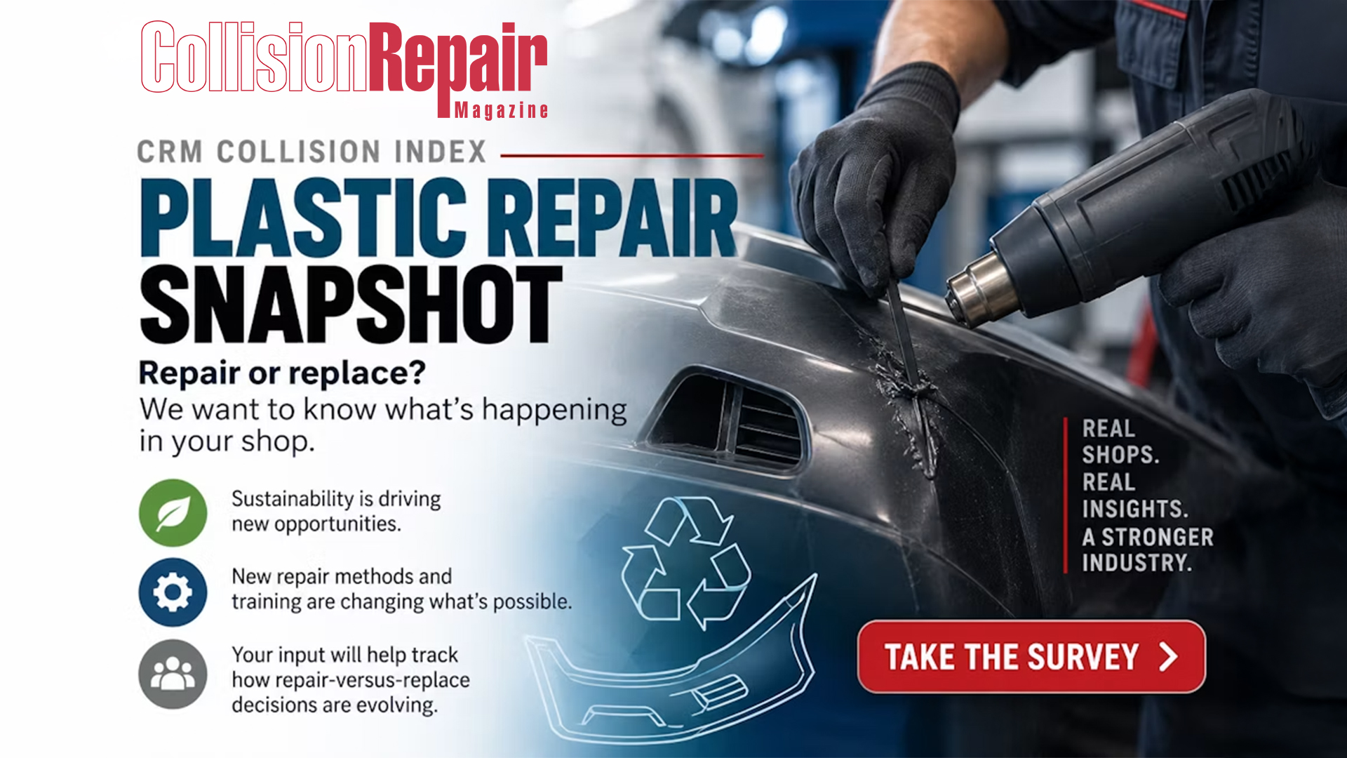Collision Repair Magazine survey on plastic repair methods in auto shops with technician using heat gun on vehicle panel