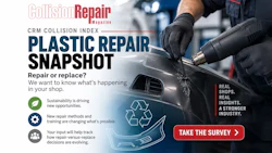 Collision Repair Magazine survey on plastic repair methods in auto shops with technician using heat gun on vehicle panel