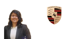 Professional woman in business attire with Porsche logo displayed on white background