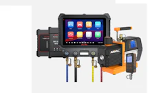 Professional HVAC and automotive diagnostic tools collection including tablet scanner, manifold gauge set, and digital meter