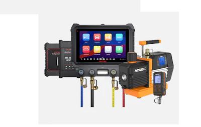 Professional HVAC and automotive diagnostic tools collection including tablet scanner, manifold gauge set, and digital meter