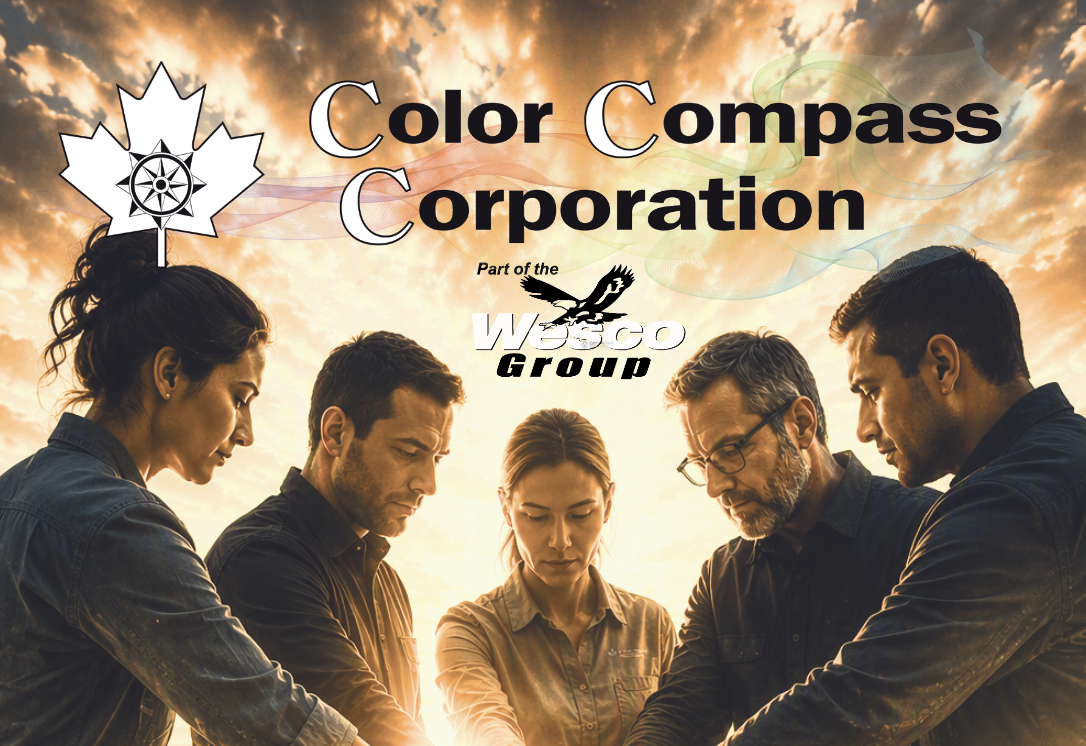 Color Compass Corporation team of five professionals standing together under golden sky, part of Junco Group