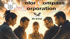 Color Compass Corporation team of five professionals standing together under golden sky, part of Junco Group