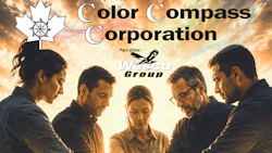 Color Compass Corporation team of five professionals standing together under golden sky, part of Junco Group