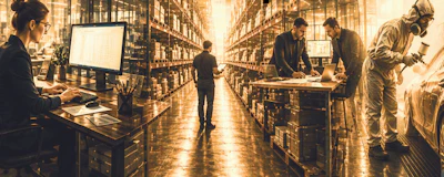 Workers managing operations in a warehouse with computer stations and shelving systems under warm lighting