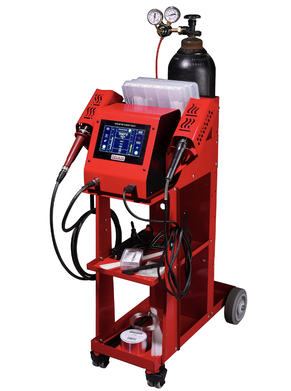 Red industrial welding machine with digital control panel, gas cylinder, and dual welding torches on wheeled cart
