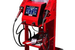 Red industrial welding machine with digital control panel, gas cylinder, and dual welding torches on wheeled cart