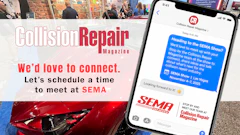 Collision Repair Magazine SEMA show promotional advertisement on smartphone and signage inviting industry connections