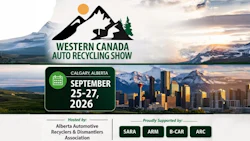 Western Canada Auto Recycling Show poster featuring mountain landscape, September 25-27, 2026 in Calgary, Alberta