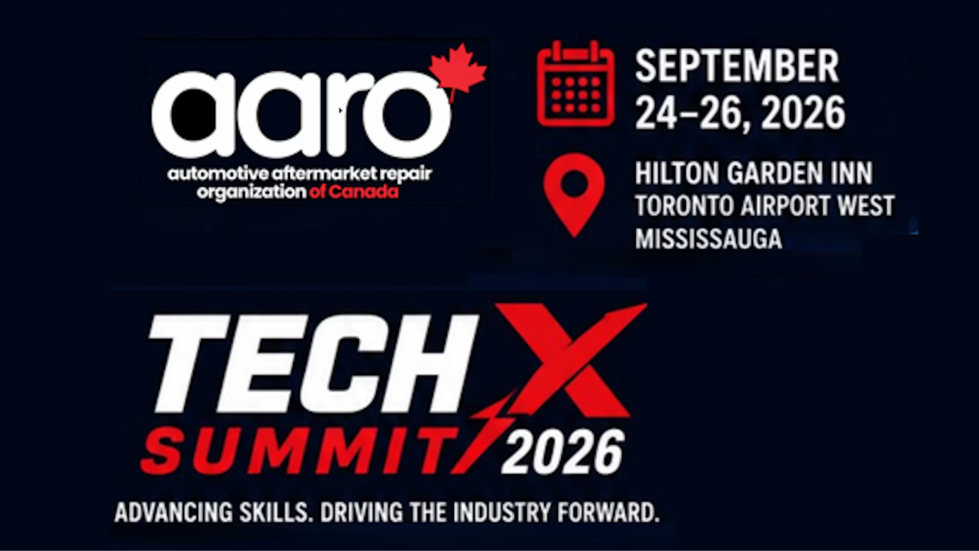 AARO TechX Summit 2026 event poster featuring September 24-26 dates at Hilton Garden Inn Toronto Airport West Mississauga