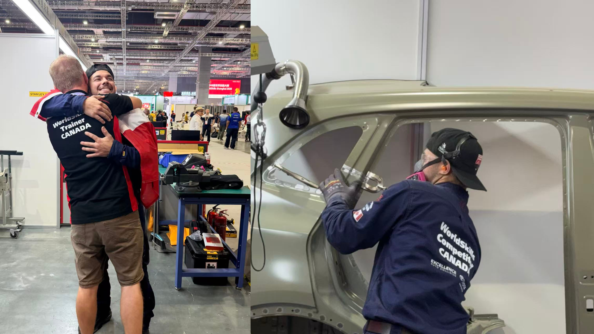 Volunteers restoring a vintage car at an indoor workshop event, with team members working on vehicle body panels and doors.