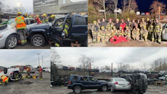 Firefighters and emergency responders training and responding to vehicle accident scenes and rescue operations