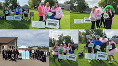 Community members in pink attire at outdoor fundraising event with Murray signage