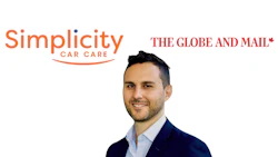 Professional man in navy blazer with Simplicity Car Care and Globe and Mail logos