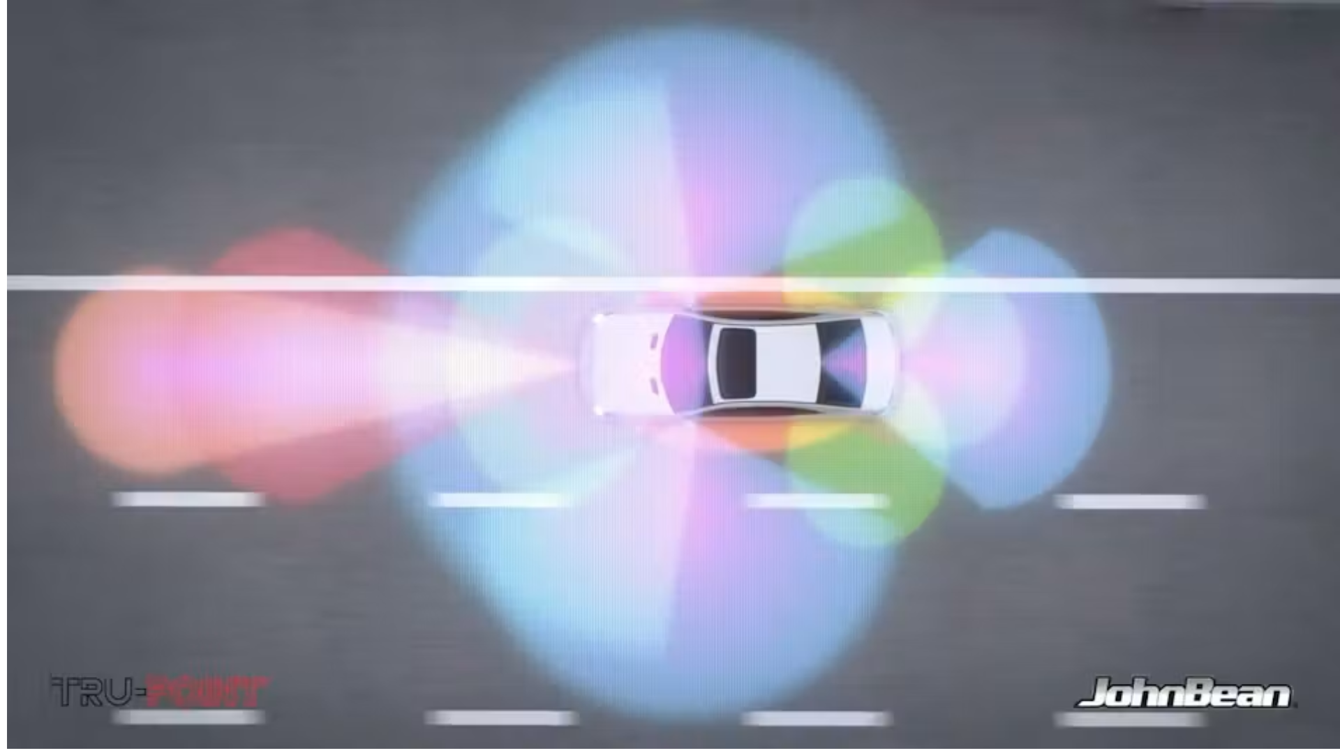 White car viewed from above on a road with colorful bokeh lights and gradient background