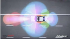 White car viewed from above on a road with colorful bokeh lights and gradient background
