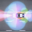 White car viewed from above on a road with colorful bokeh lights and gradient background