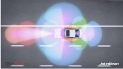 White car viewed from above on a road with colorful bokeh lights and gradient background