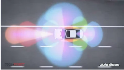 White car viewed from above on a road with colorful bokeh lights and gradient background