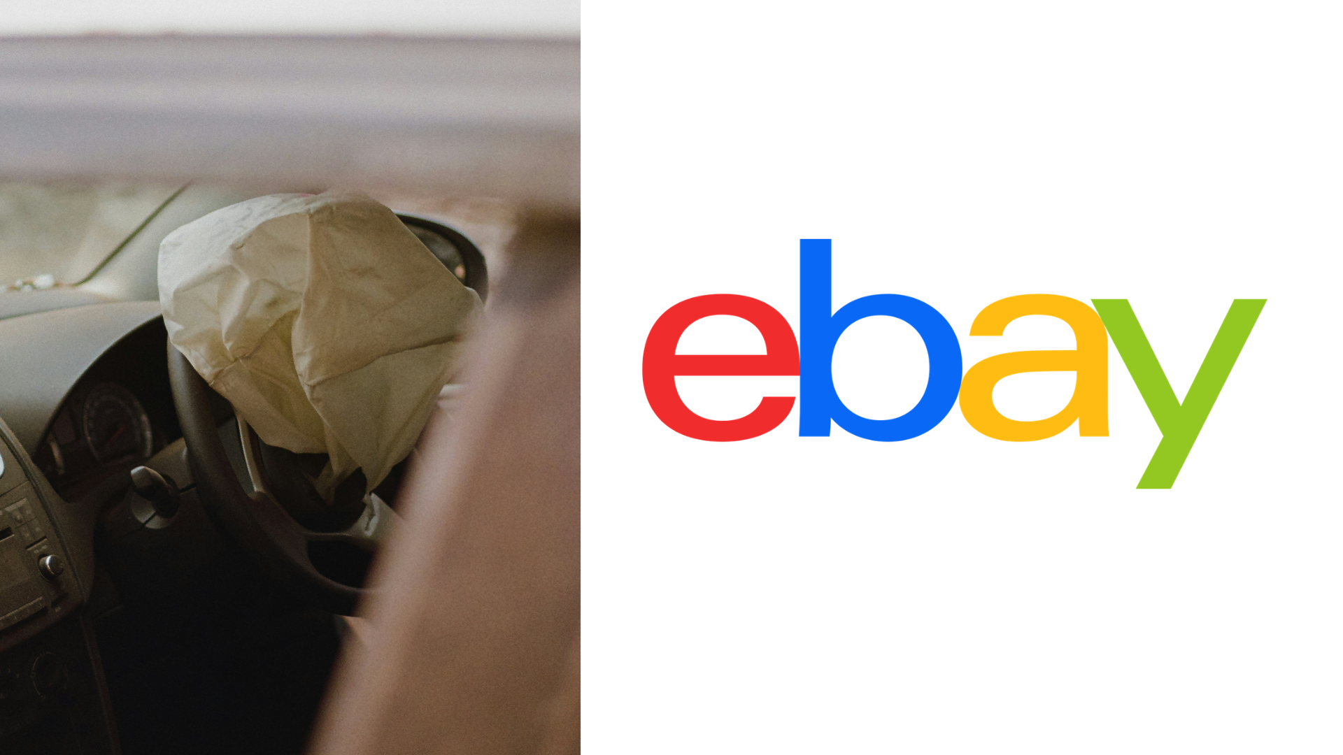 Deployed airbag next to eBay logo in split-screen comparison