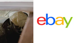 Deployed airbag next to eBay logo in split-screen comparison